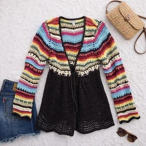 Boston Propper Vnt Y2K Hippie Crocheted Multicolored 1 Button Cardigan Ladies S